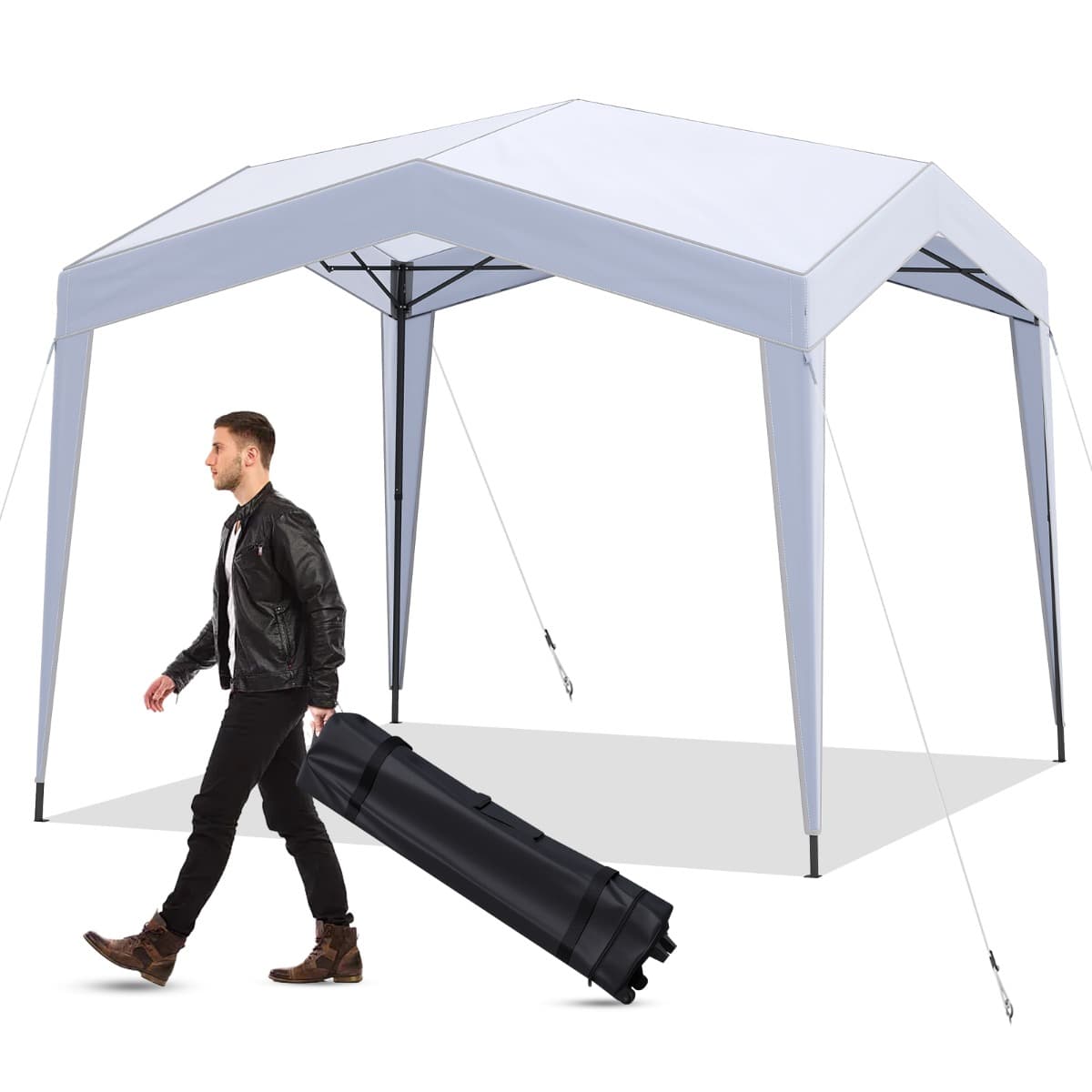 CostwayTente de Canopée Pop-up 302 x 302 cm avec Sac à Roulettes 8 Piquets 4 Cordes à Vent Abri Pliable Extérieur Tonnelle de Protection Solaire Blanc