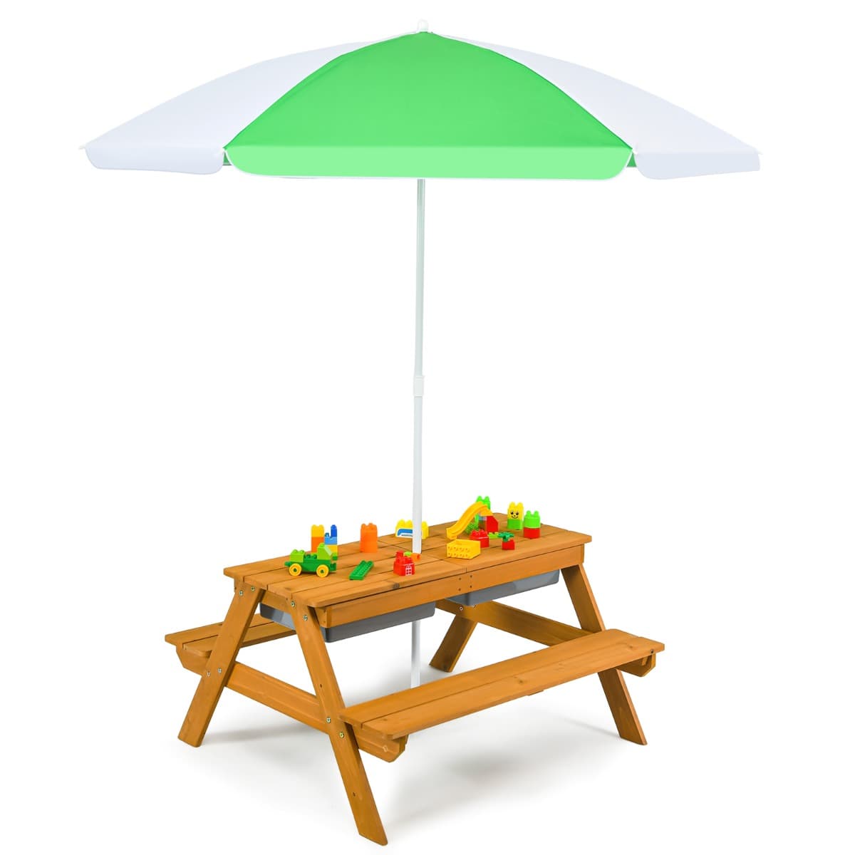 CostwayTable et 2 Bancs 3 en 1 pour 4 Enfants de Jardin avec Parasol 2 Boîtes pour Sable & Eau Plateau Amovible 3 -7 Ans Vert et Blanc