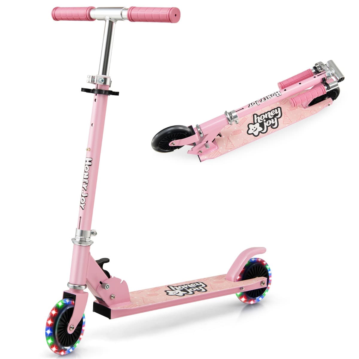 CostwayTrottinette Enfant Pliable 2 Roues Clignotantes Automatiques Rose