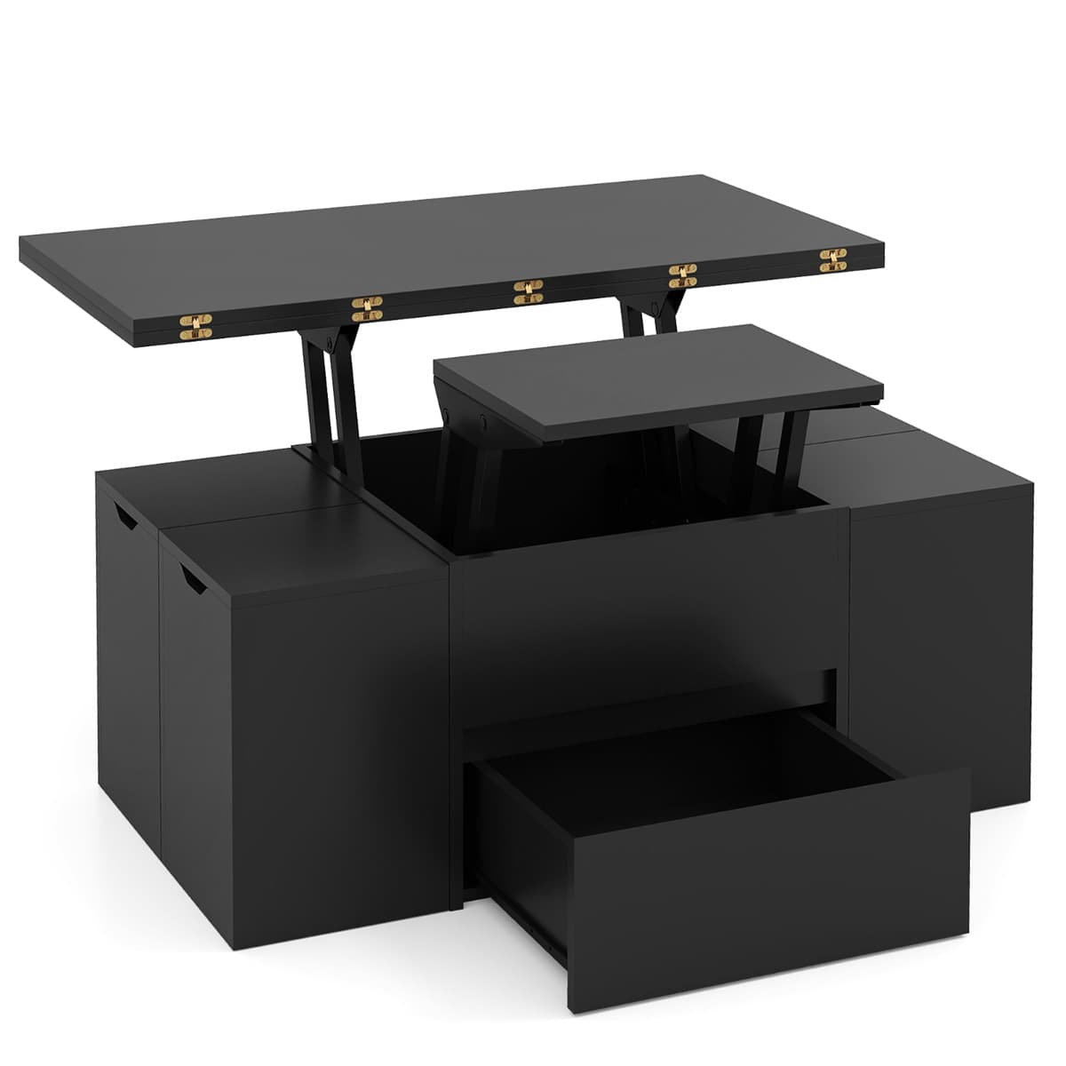 Table Basse avec Plateau Relevable & 4 Tabourets de Rangement Meuble d’Appoint 3 en 1 pour Salon Com