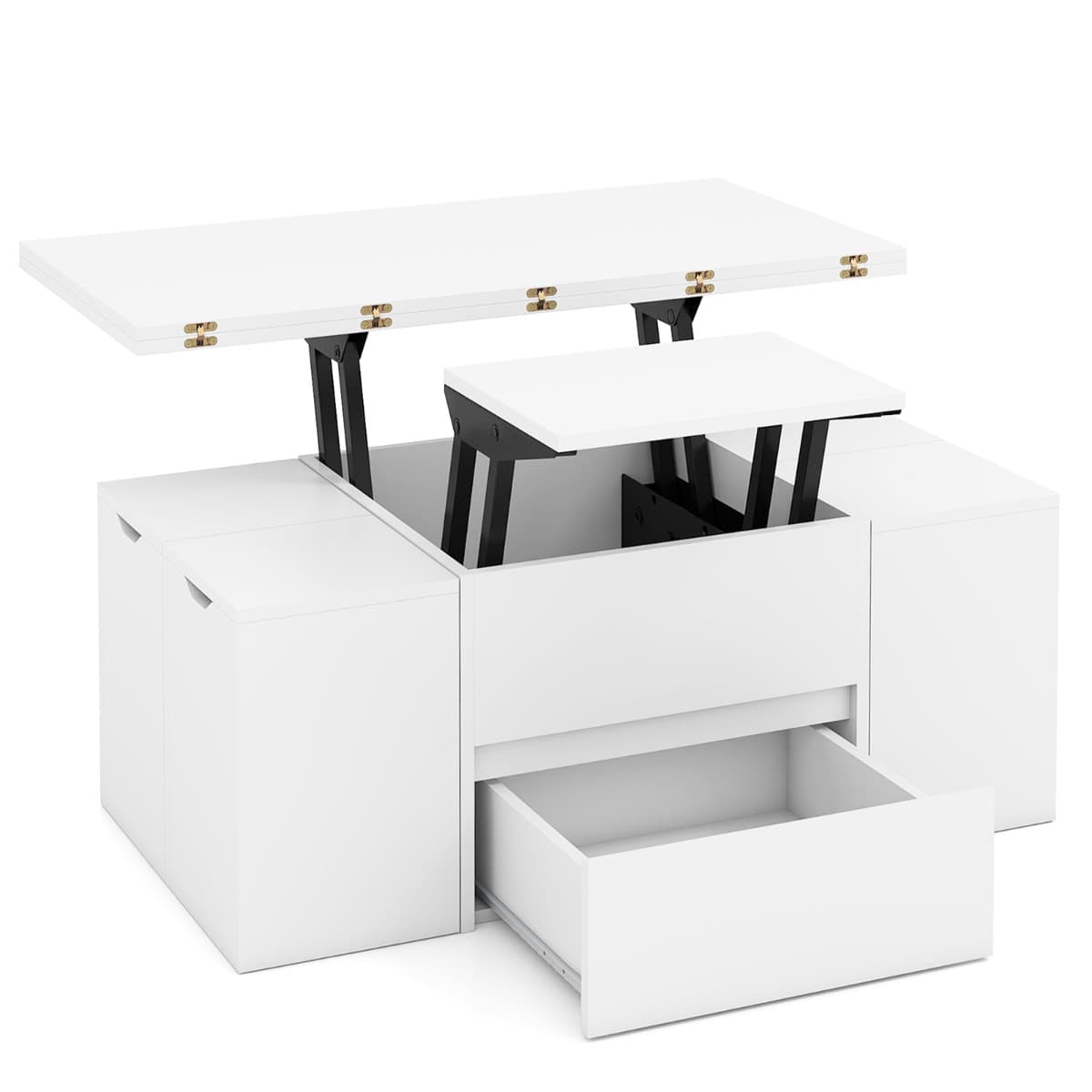 Table Basse avec Plateau Relevable & 4 Tabourets de Rangement Meuble d’Appoint 3 en 1 pour Salon Com